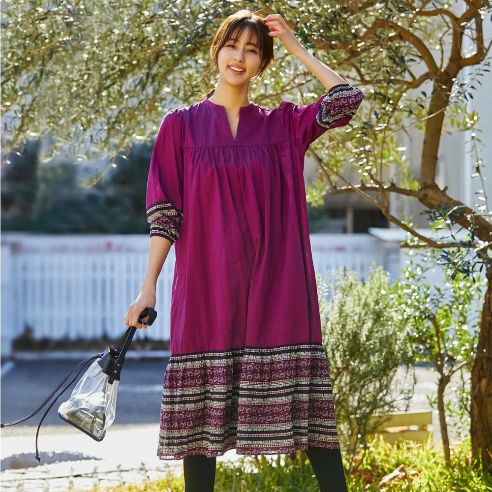NWT Uniqlo x Anna Sui Cotton 3/4 Sleeve Dress Purple